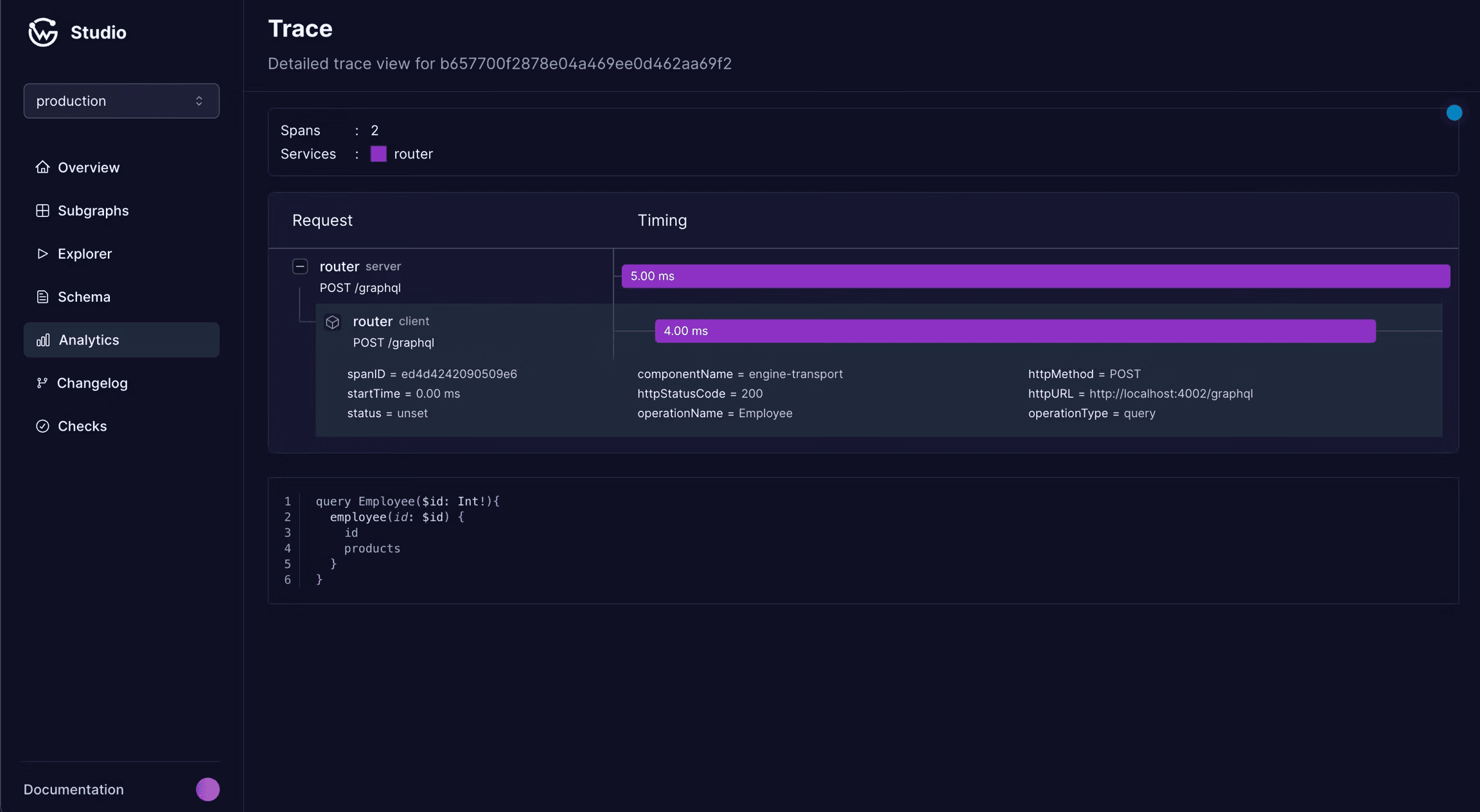 Cosmo Studio distributed tracing view showing span hierarchy, timing breakdown, and the GraphQL query for a federated request
