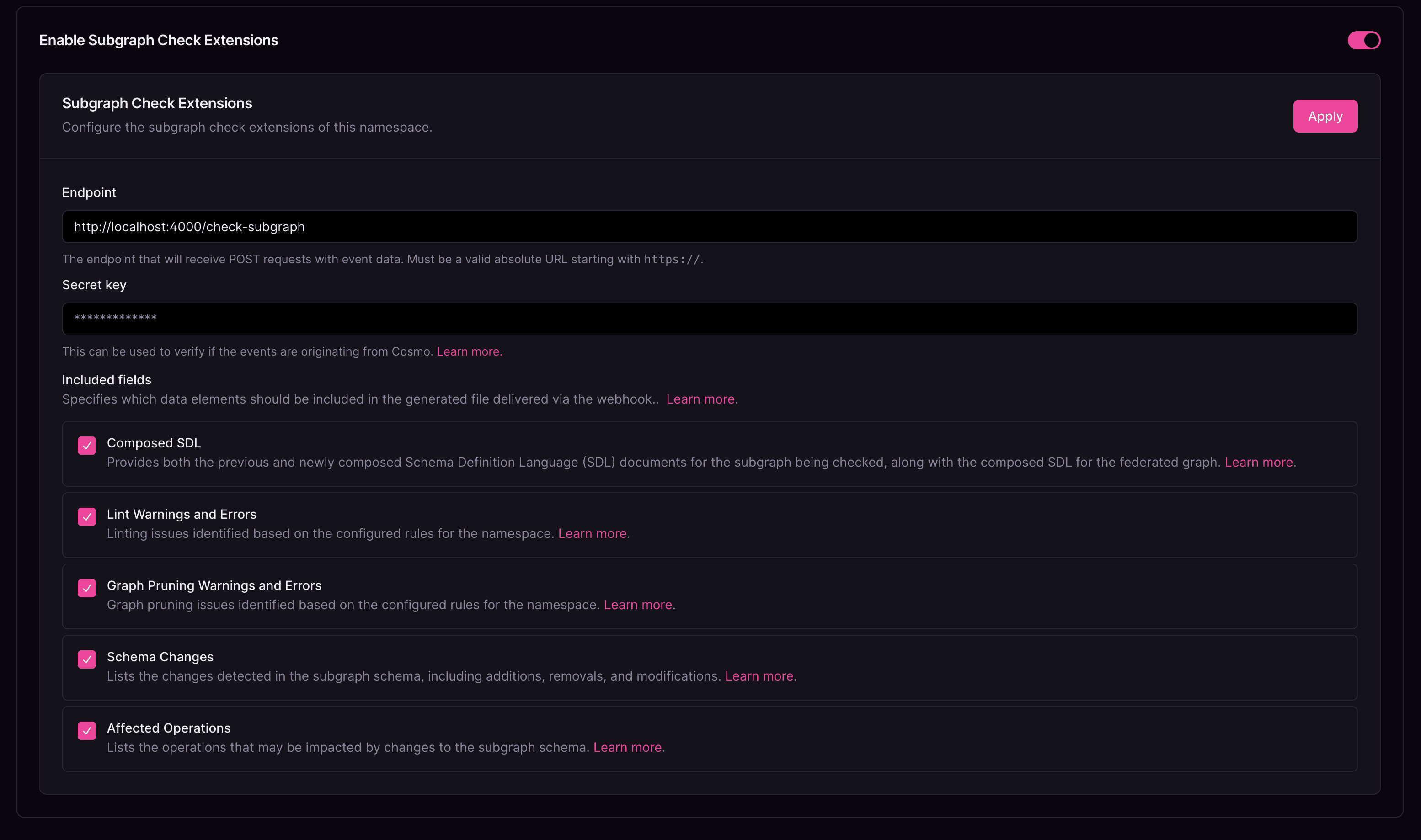Configure subgraph check extensions