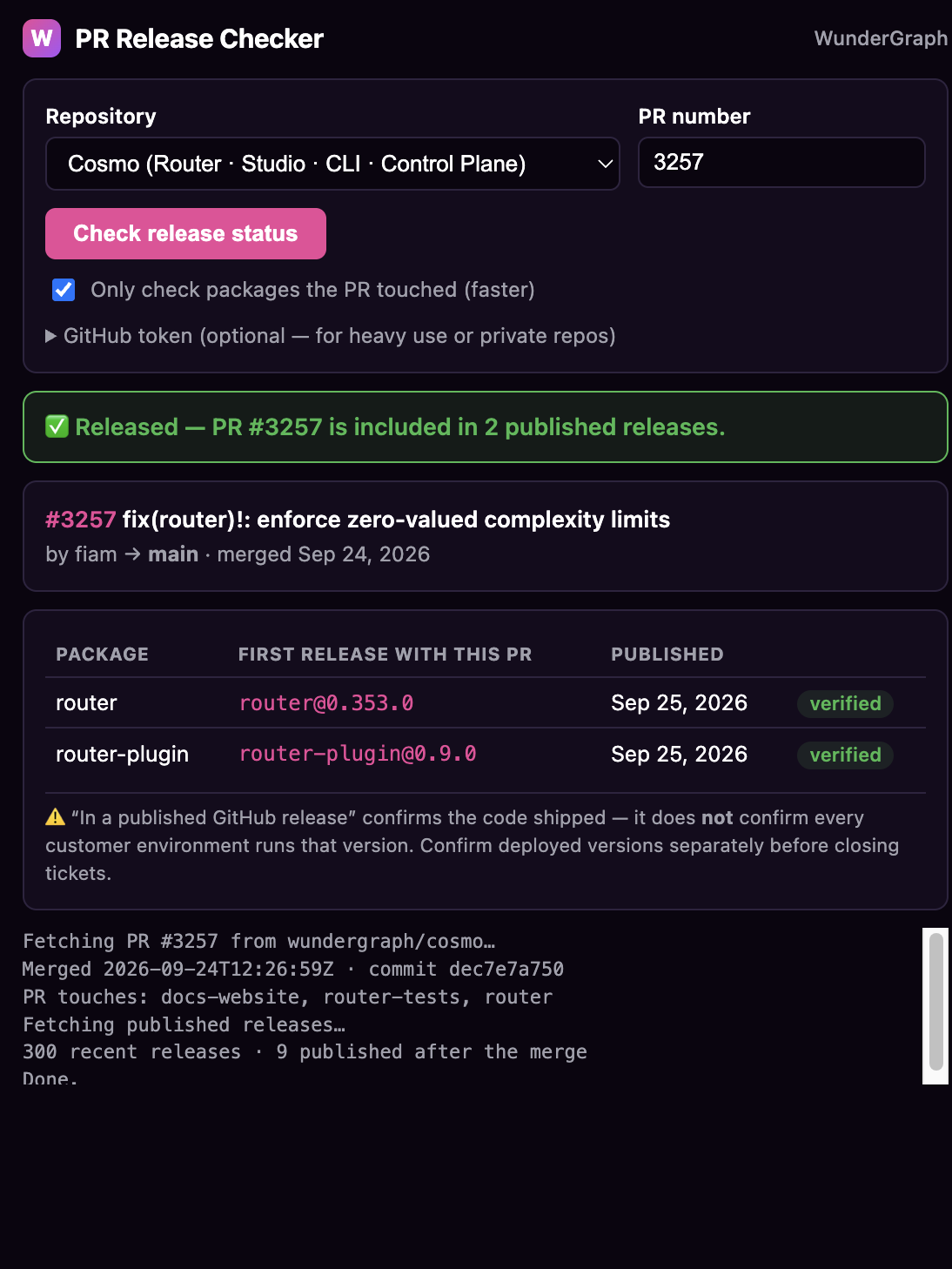 PR Release Checker showing that Cosmo PR #3257 first shipped in router@0.353.0 and router-plugin@0.9.0