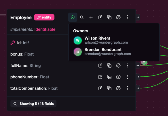 Hub canvas showing types, fields, and ownership