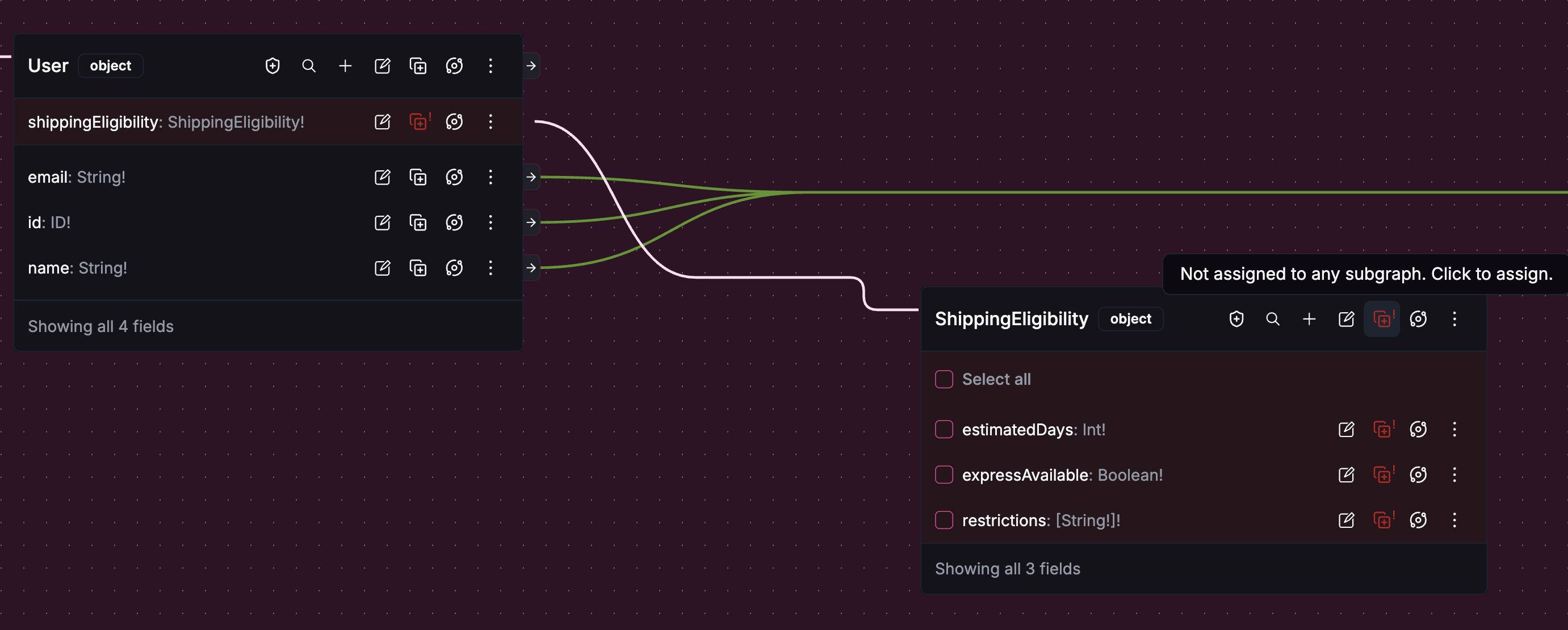 Fission Hub canvas showing the User type linked to the new ShippingEligibility type, which is not yet assigned to any subgraph