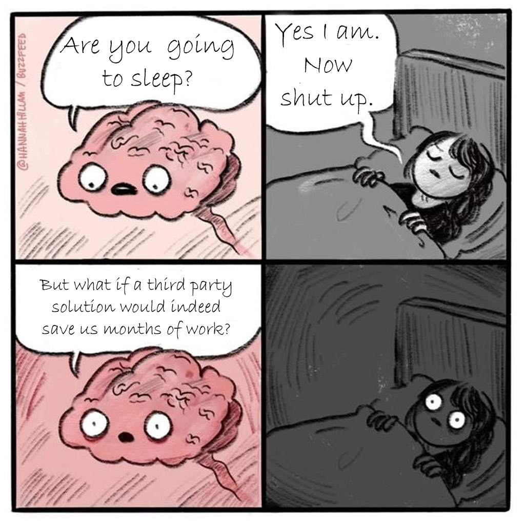 A cartoon of a dialogue with the brain. The brain asks a question that keeps its human from going to sleep.