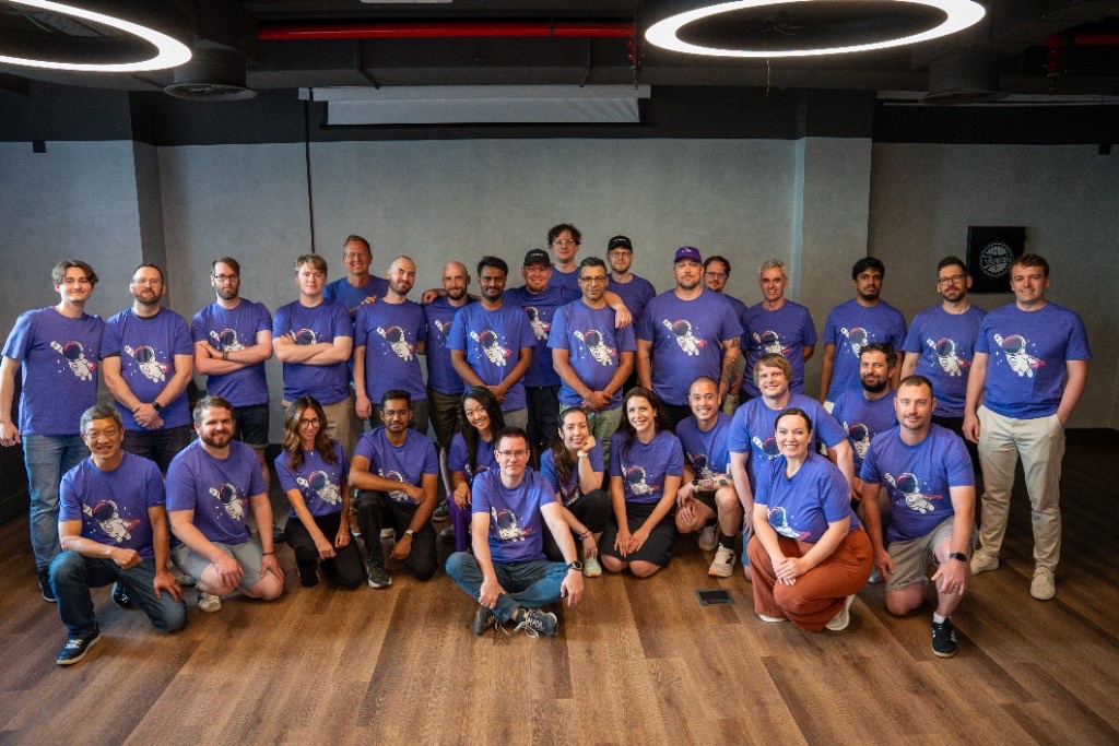 The WunderGraph team together in matching purple shirts at Madrid Work Week 2026