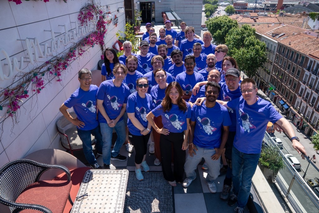 The WunderGraph team posing together on a Madrid rooftop during Work Week 2026