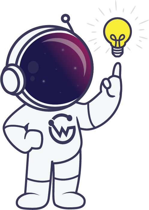 Astronaut pointing at a glowing lightbulb